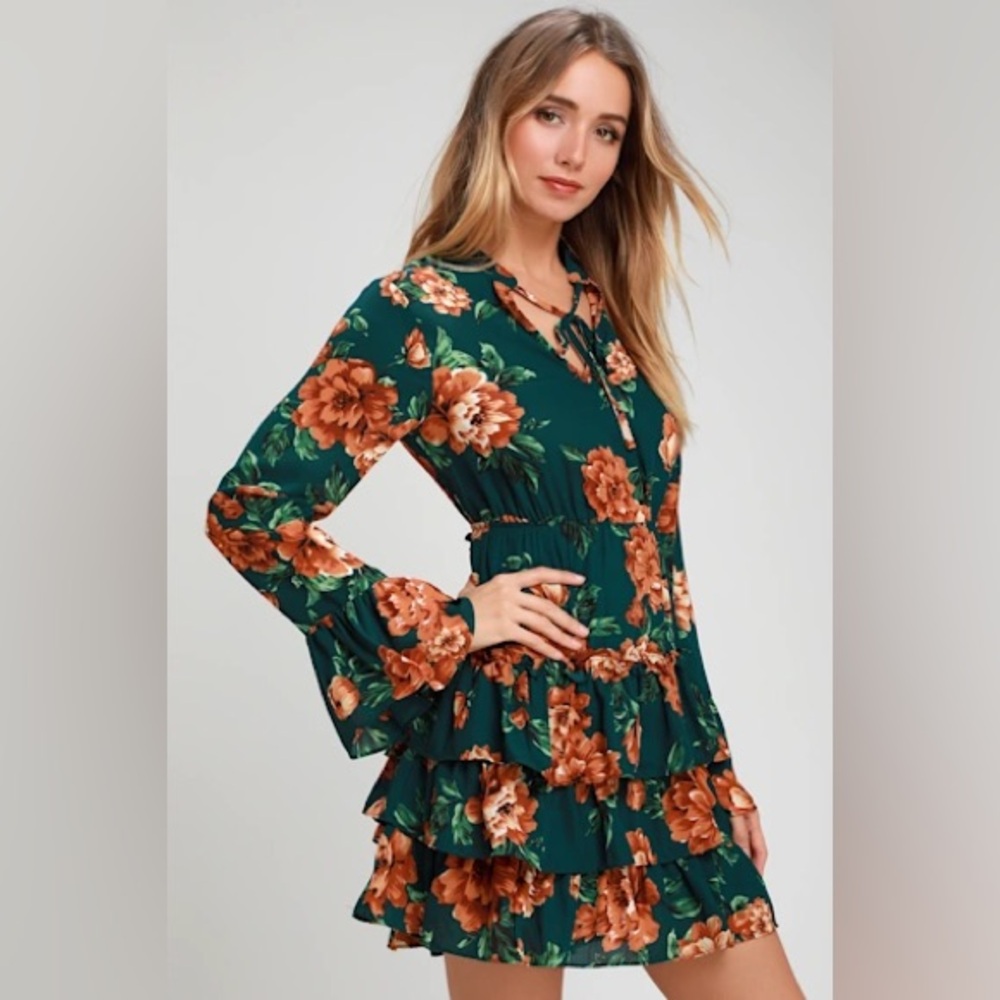 NWT Lulu's Women’s Size L Romantic “Botanic Bliss” Teal Floral Ruffle Mini Dress